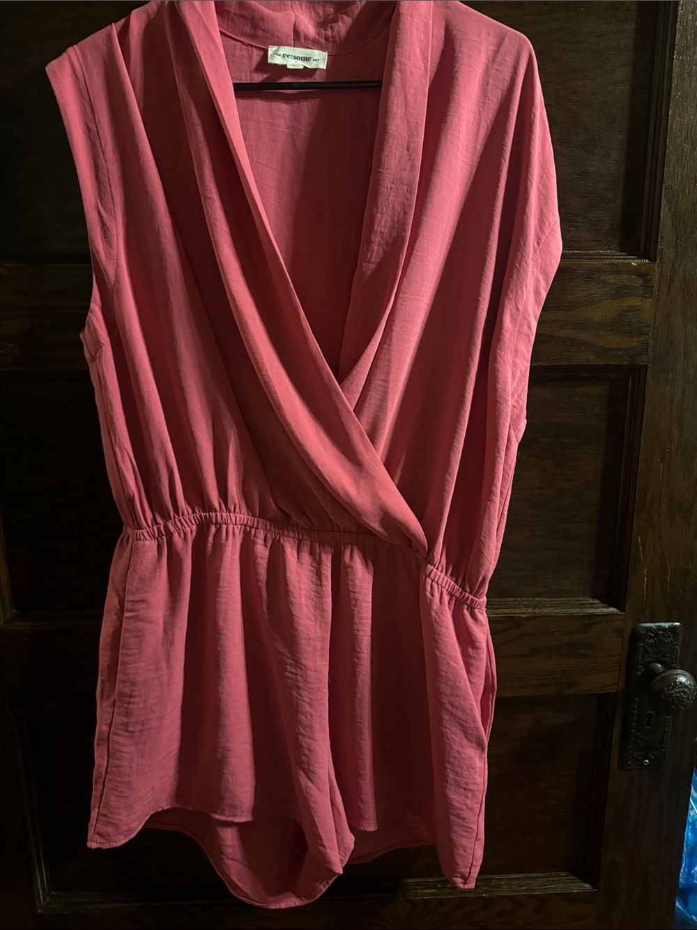 eesome Coral Pink Draped Surplice Romper